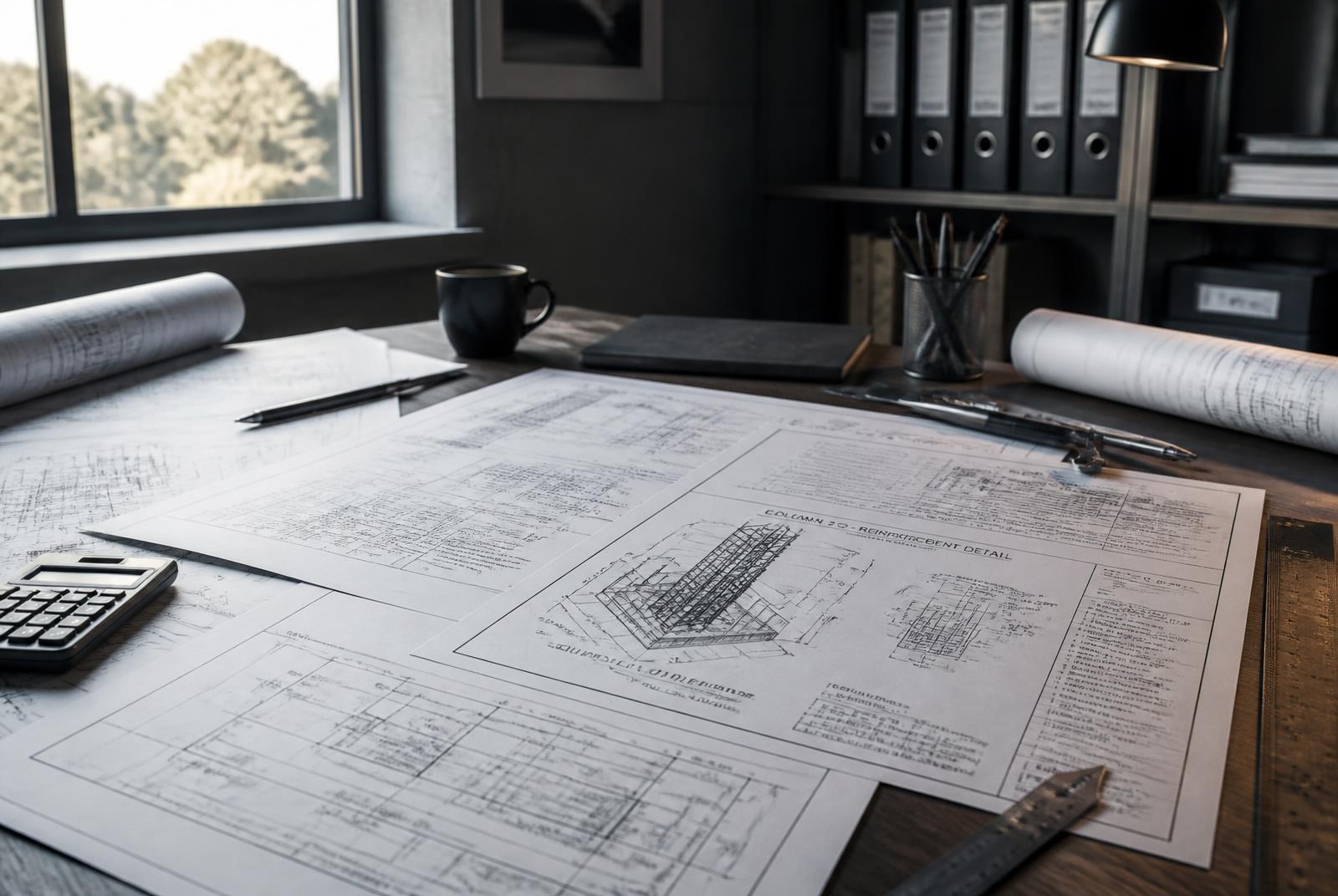 Structural drawings and reinforcement details laid out for technical review on a dark timber desk