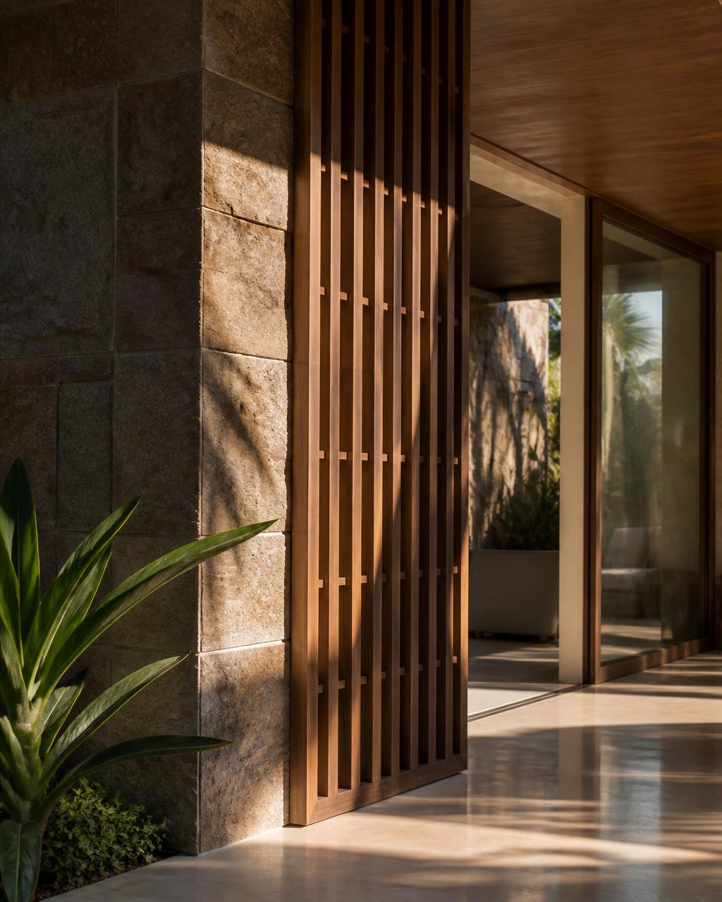 Refined architectural detail — natural stone wall, warm wood screen and glass in a premium modern Indian residence
