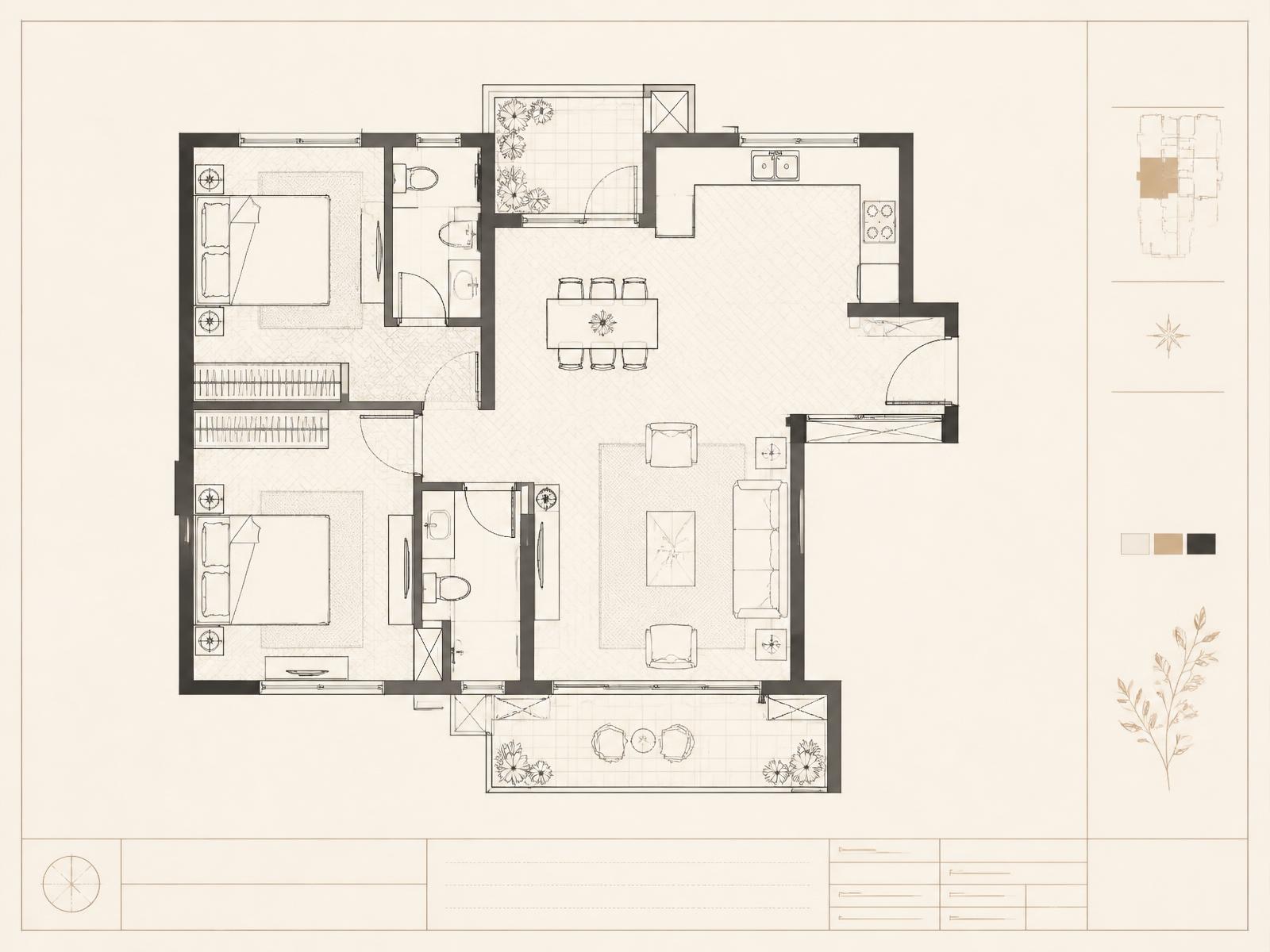 Architectural floor-plan presentation drawing for a 2BHK residence, drawn as fine black line work on ivory paper.