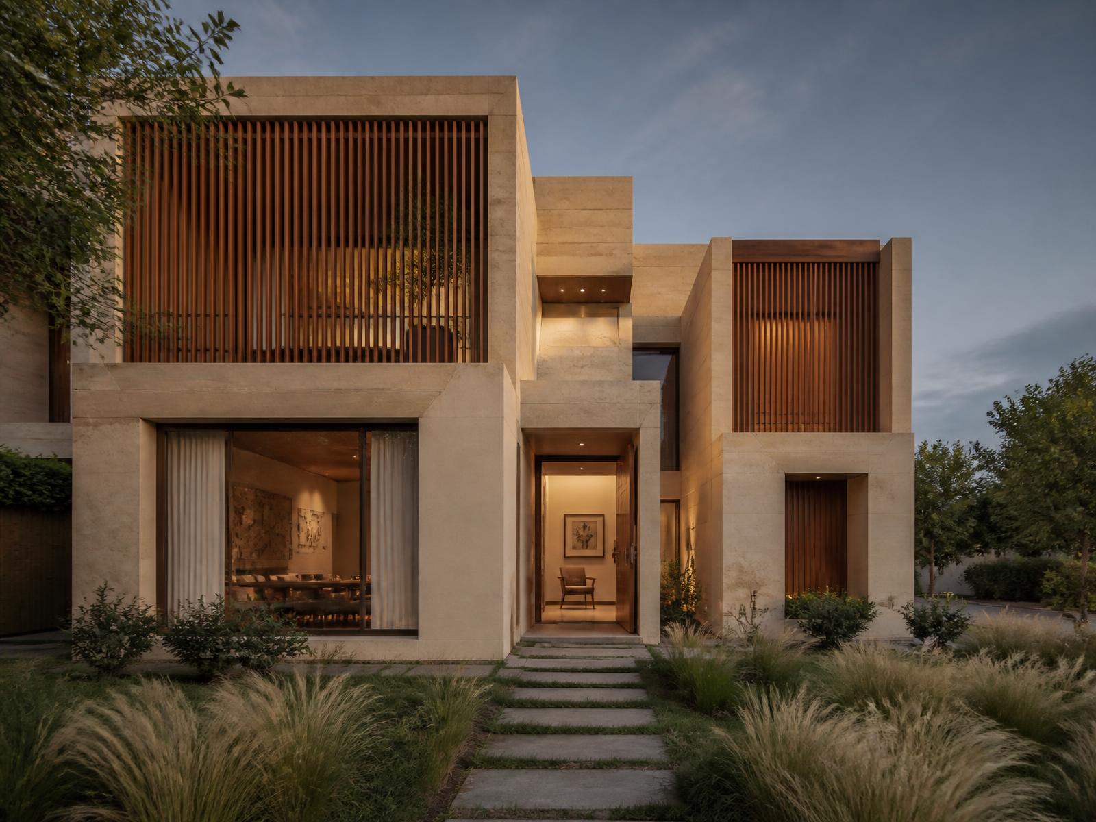 Completed contemporary Indian two-bedroom residence in natural stone, warm wood louvres and glass, with elegant landscaping in warm evening light.