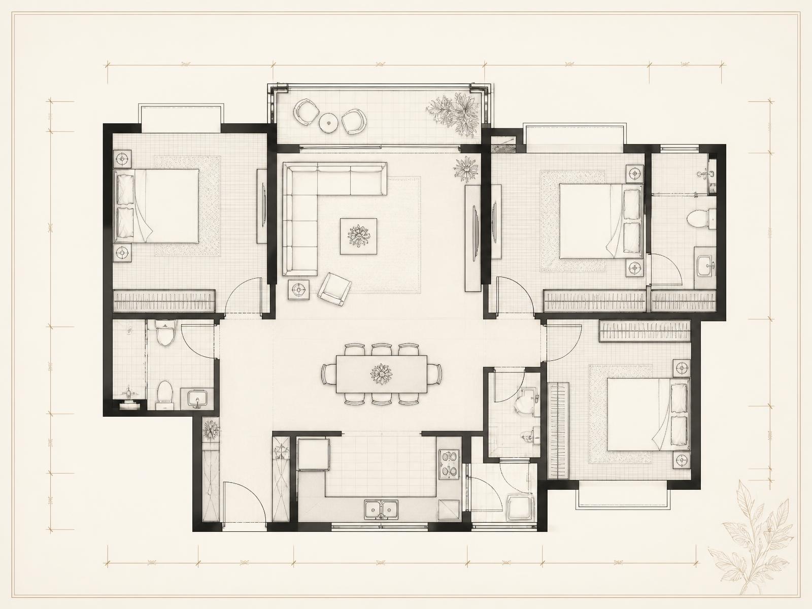 Architectural floor-plan presentation drawing for a 3BHK residence, drawn as fine black line work on ivory paper.