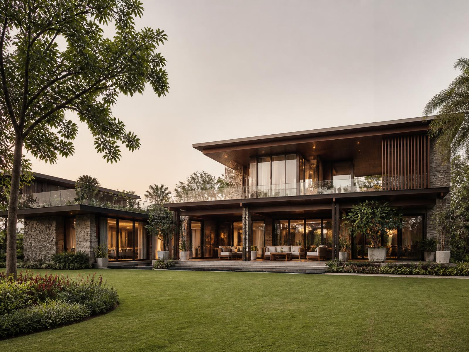 Completed contemporary Indian three-bedroom residence with stone, wood and glass volumes, deep verandah and landscaped lawn at golden hour.