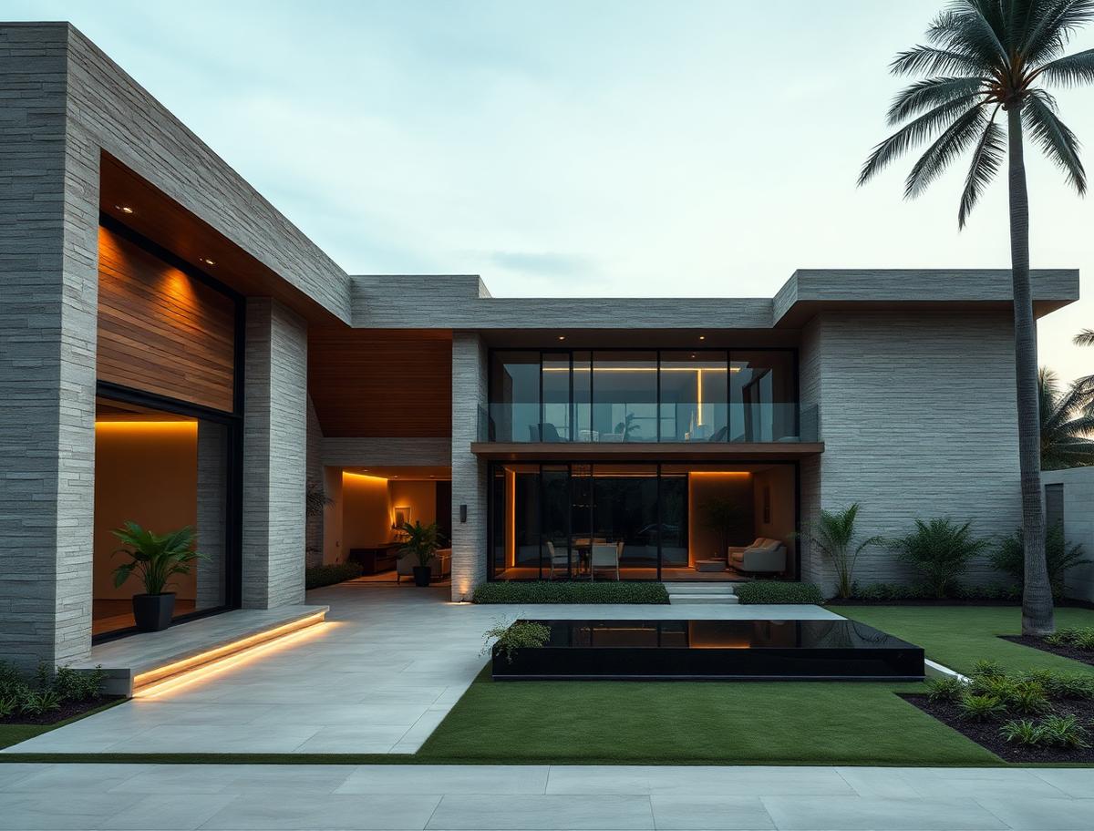 Completed contemporary Indian luxury residence with refined geometry, natural stone, warm wood and sophisticated landscaping