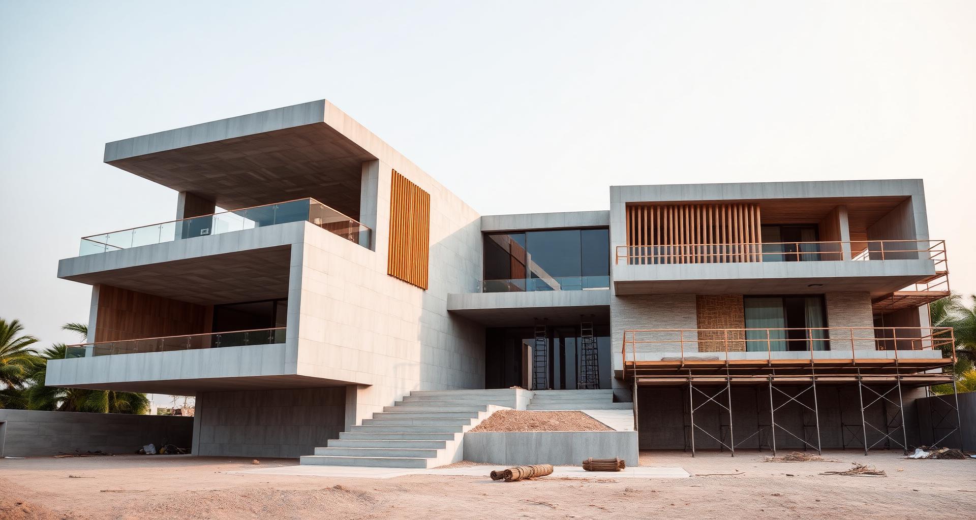 Contemporary Indian luxury residence at an advanced construction stage — clean, organised site with premium materials