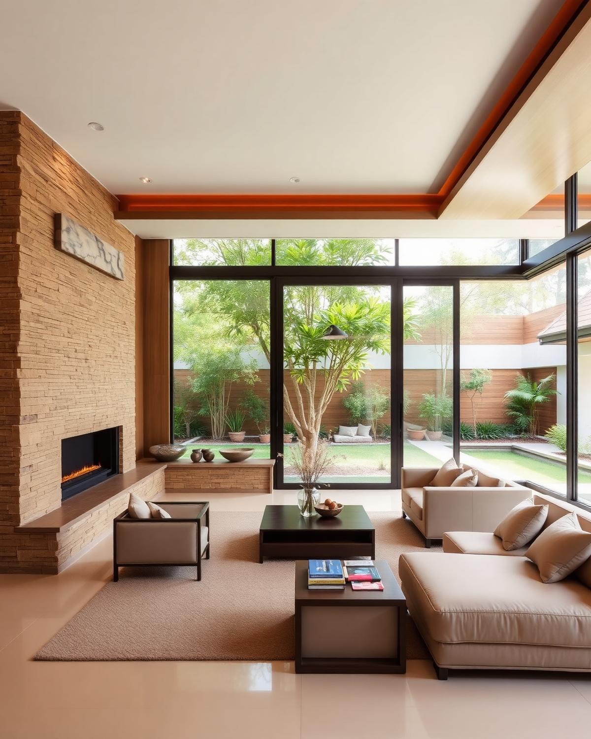 Modern Indian luxury living interior — natural stone, warm wood, large glazing and a calm indoor-outdoor connection in natural daylight