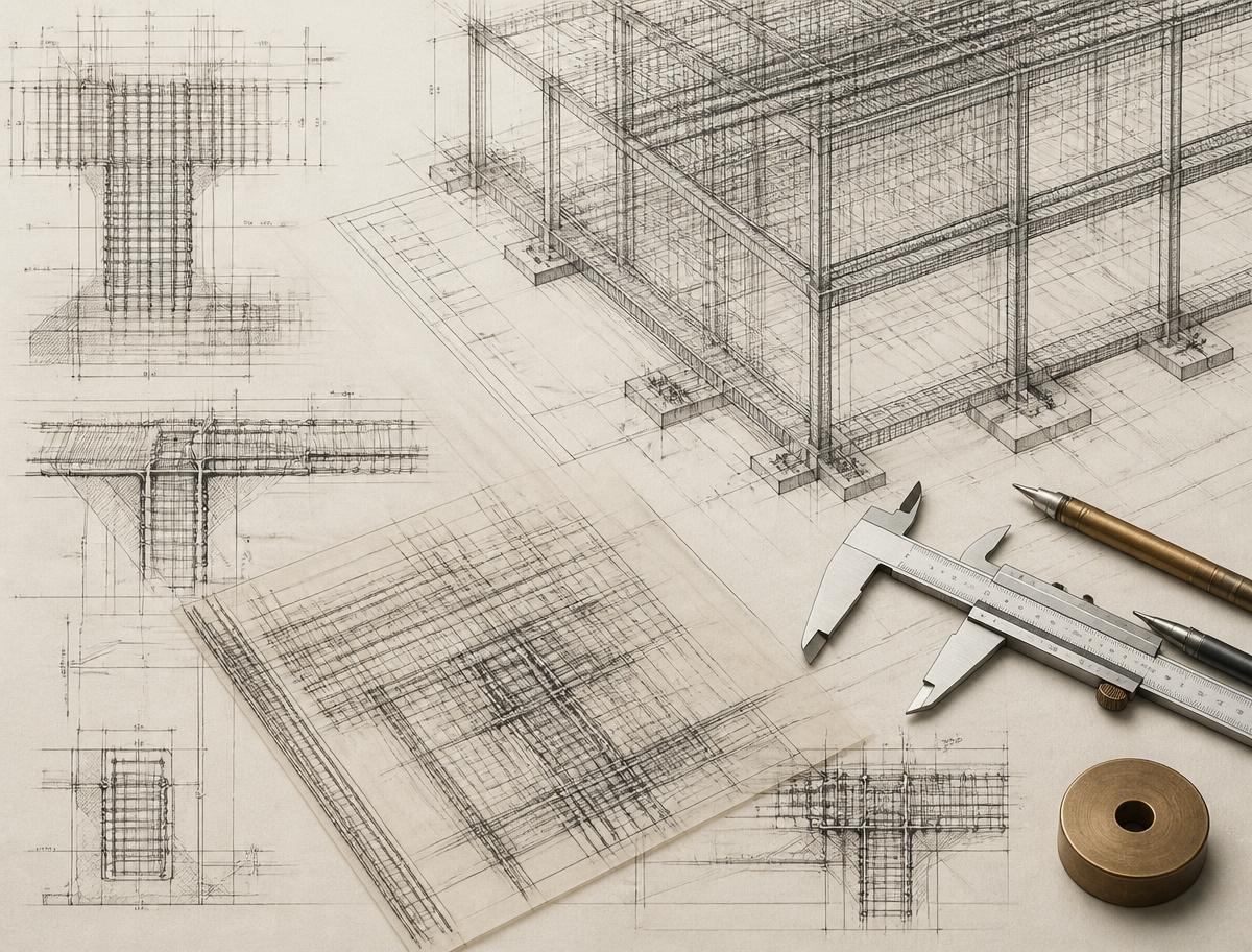 Conceptual visual: layered structural reinforcement detail drawings with a caliper and drafting pen