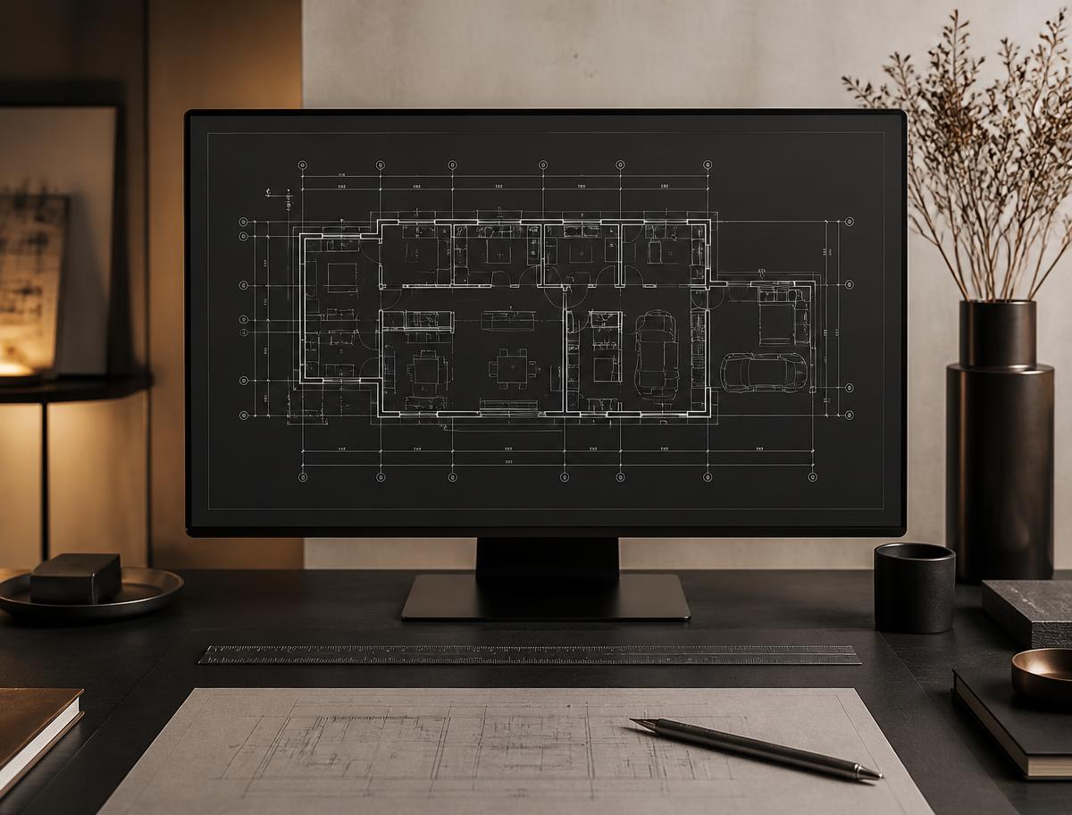 Conceptual visual: a CAD workstation displaying a monochrome architectural floor plan beside drafting instruments