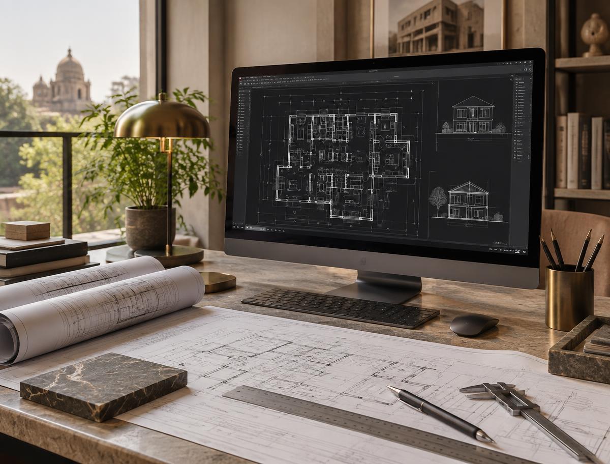 AutoCAD workstation with residential plans and architectural drafting tools